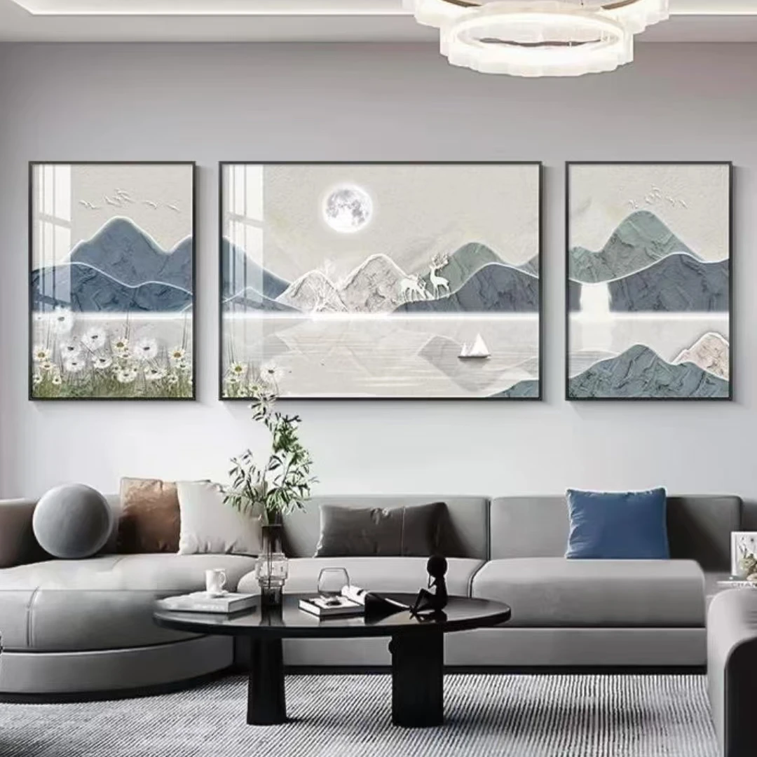F-0008新中式装饰画三联画轻奢沙发背景墙福鹿挂画办公室山水壁画