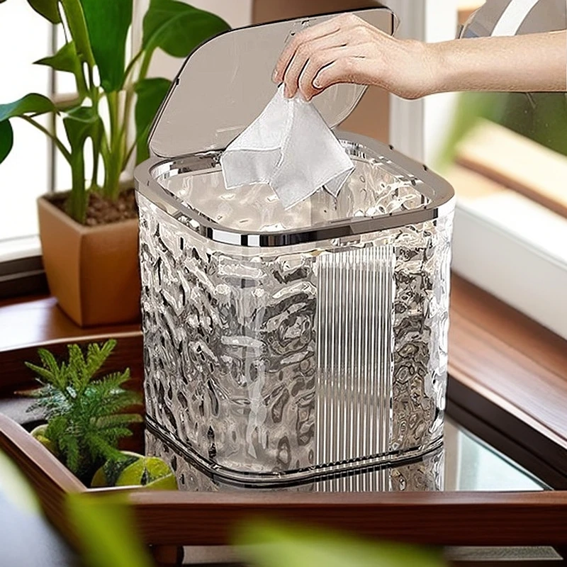 轻奢水波纹桌面按压式弹盖垃圾桶客厅高级感冰川纹迷你小号垃圾篓