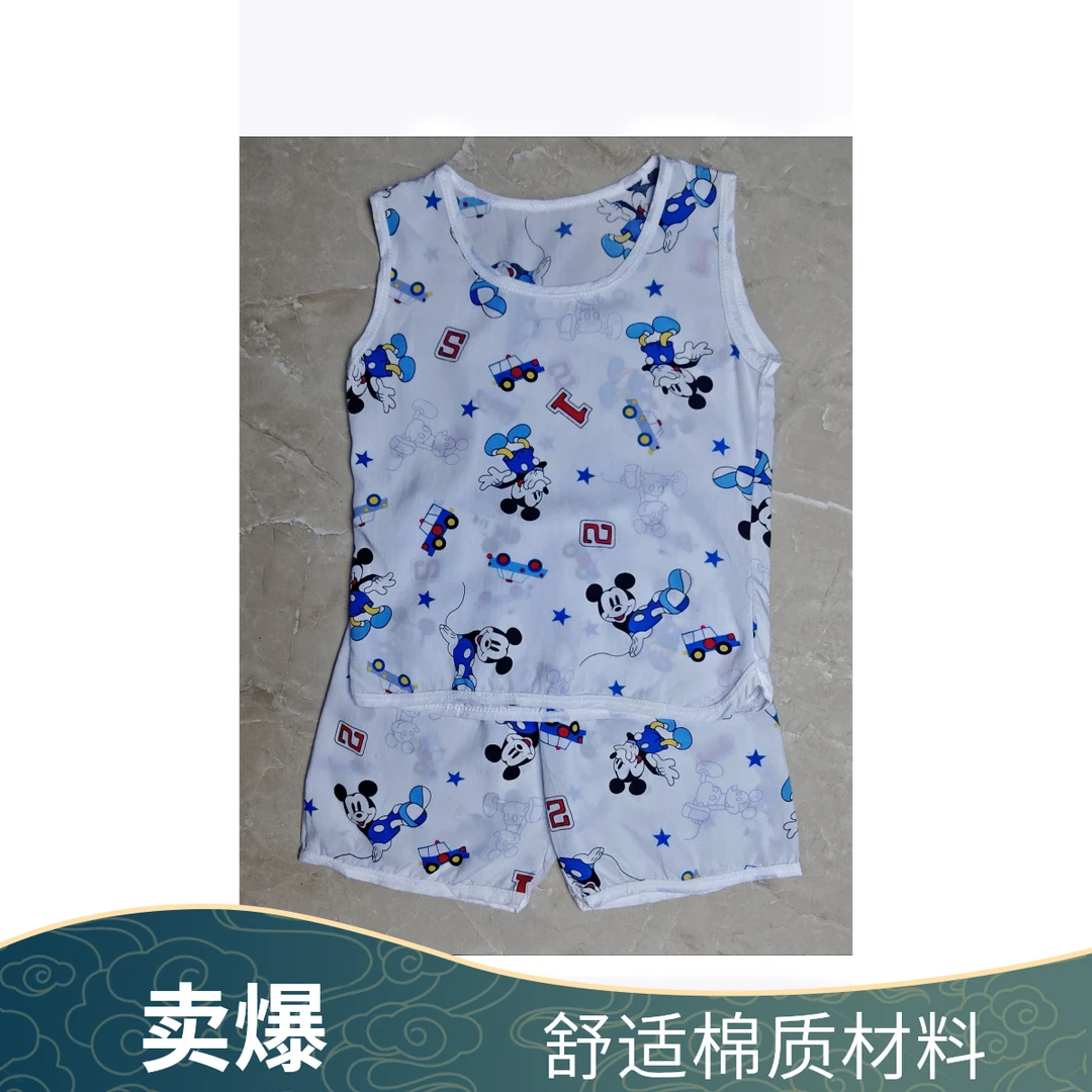 夏季男童棉绸人造棉套装背心短裤卡通米奇鼠花套装舒适柔软
