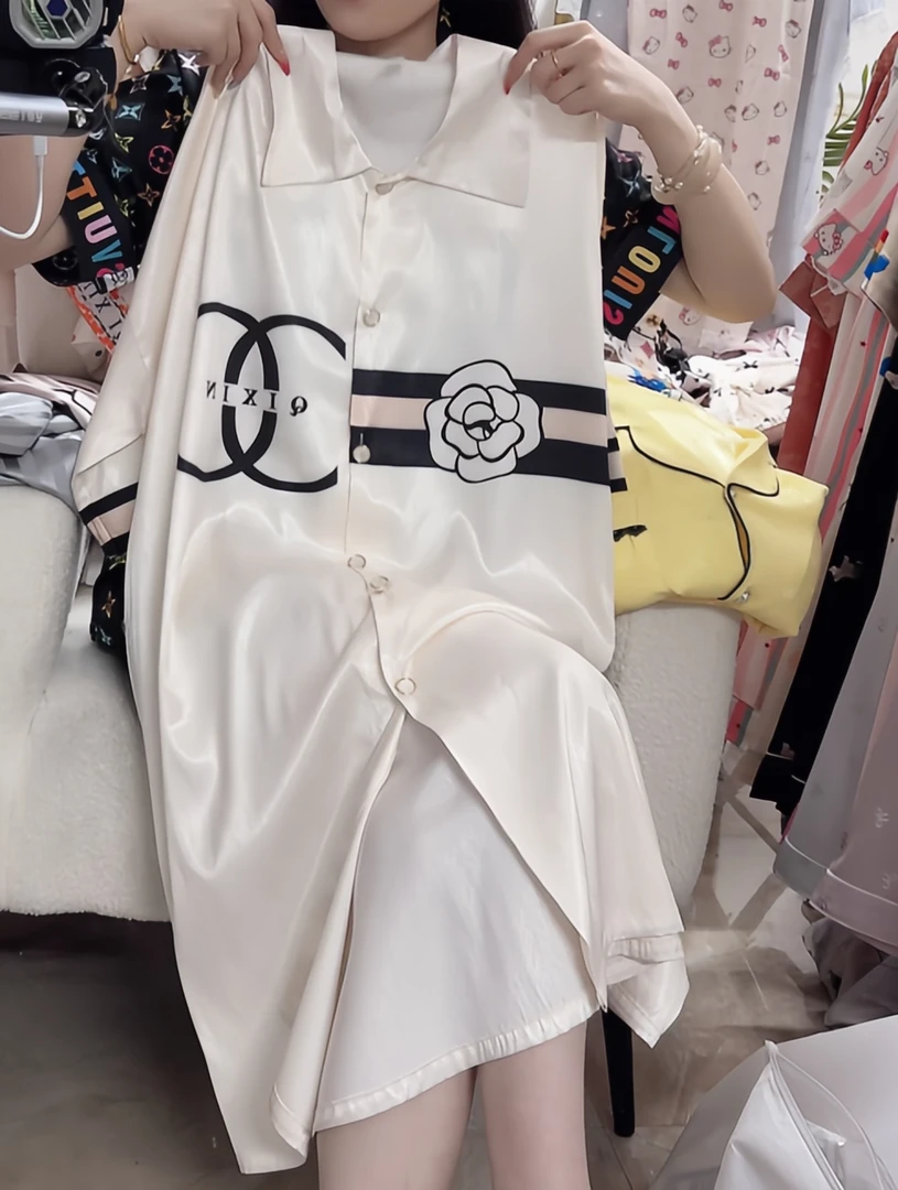 女夏季中长裙短袖小翻领成人睡裙冰丝宽松网红