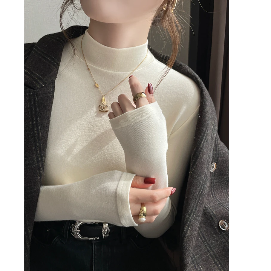 莫代尔半高领打底女内搭加绒长袖T恤新款白色秋冬修身磨毛小立领