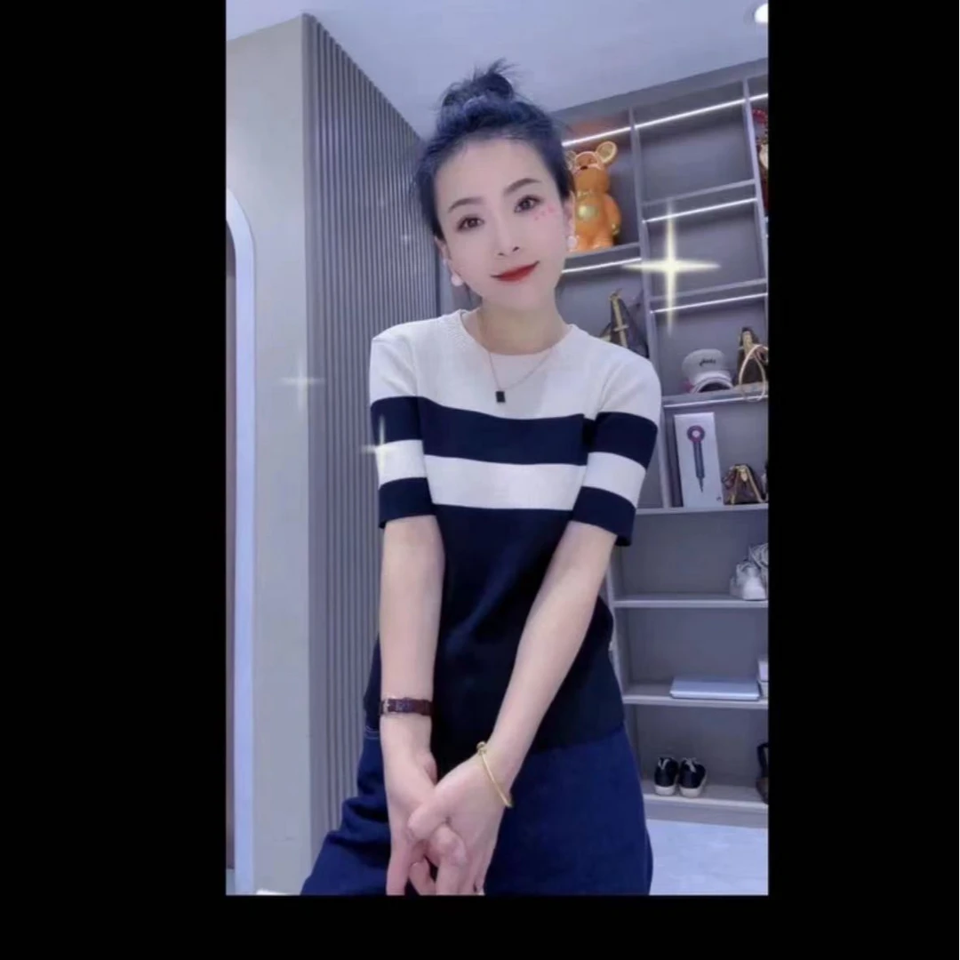 大弹力宽条中袖针织中袖