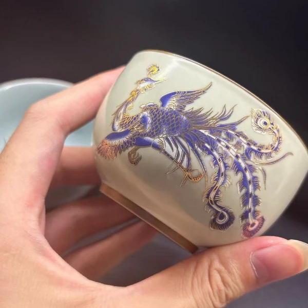 复古风格蓝釉白瓷手绘凤杯陶瓷手工家用主人杯1568禅定杯高档茶杯