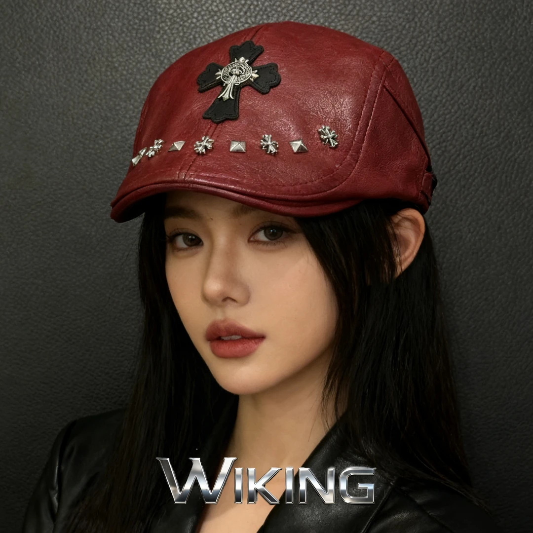 王大嘴原创 “红皮十字”秋冬超酷酒红皮质十字金属前进帽M052