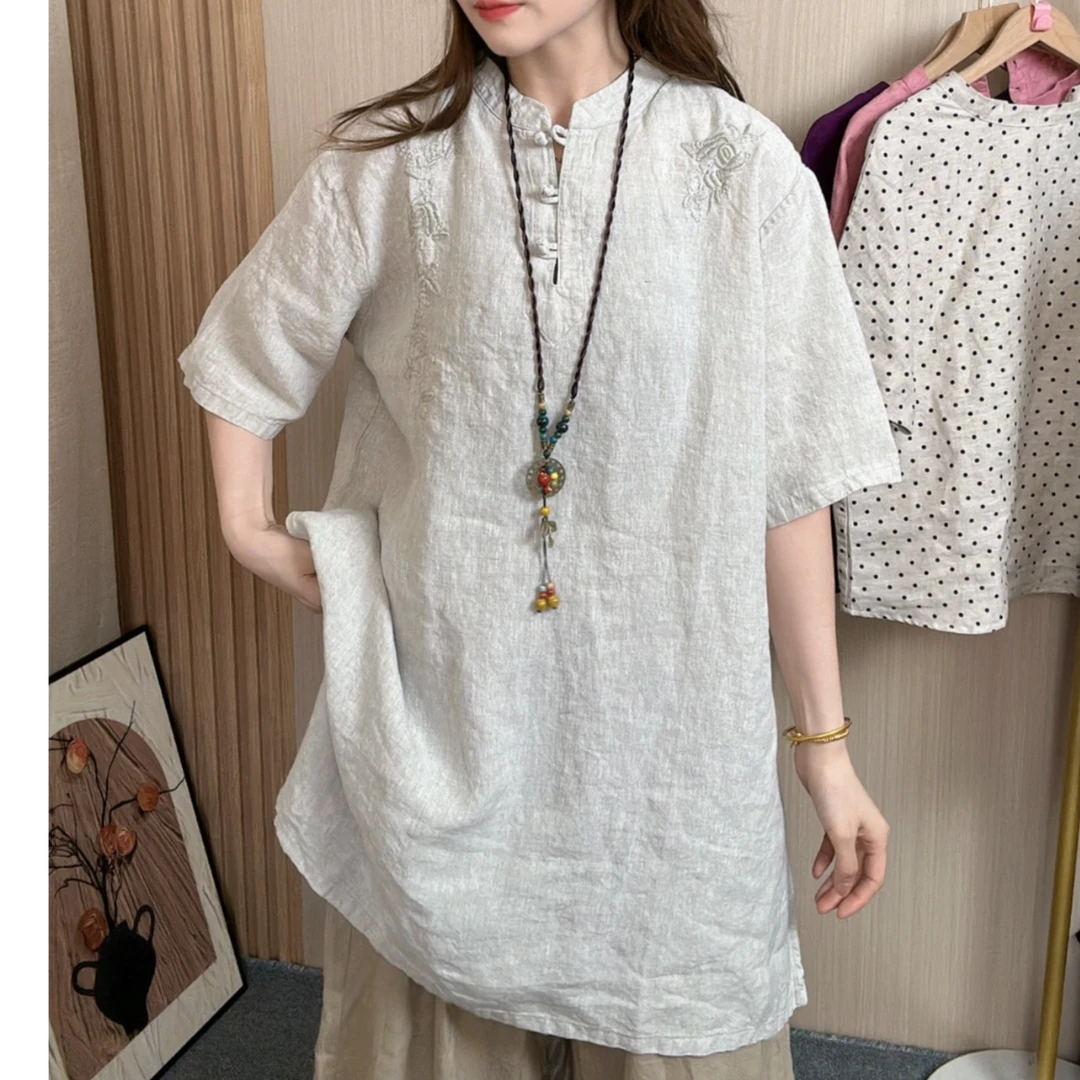 砂洗亚麻新中式高开叉中长款麻裙【长85胸围136】