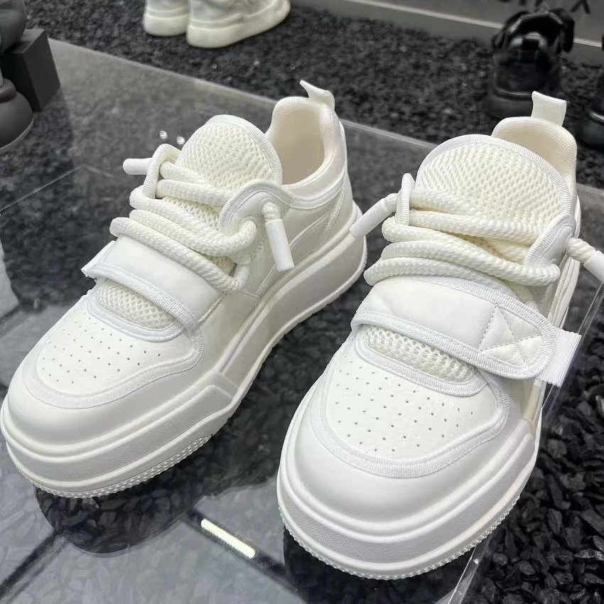 谢生严选【头层牛皮网面小白鞋】男士潮流百搭魔术贴厚底运动增高鞋