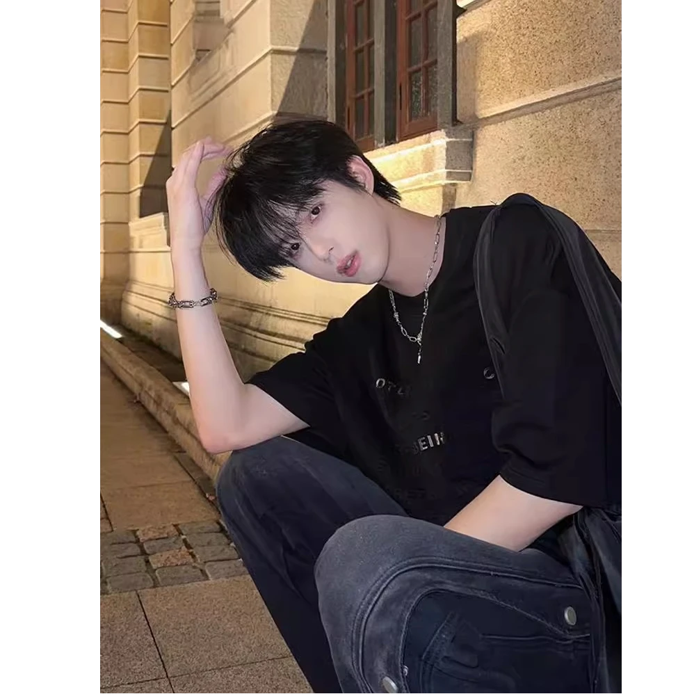 美式高街钢印字母t恤男设计感夏季欧美潮牌痞帅炸街短袖tee七分袖