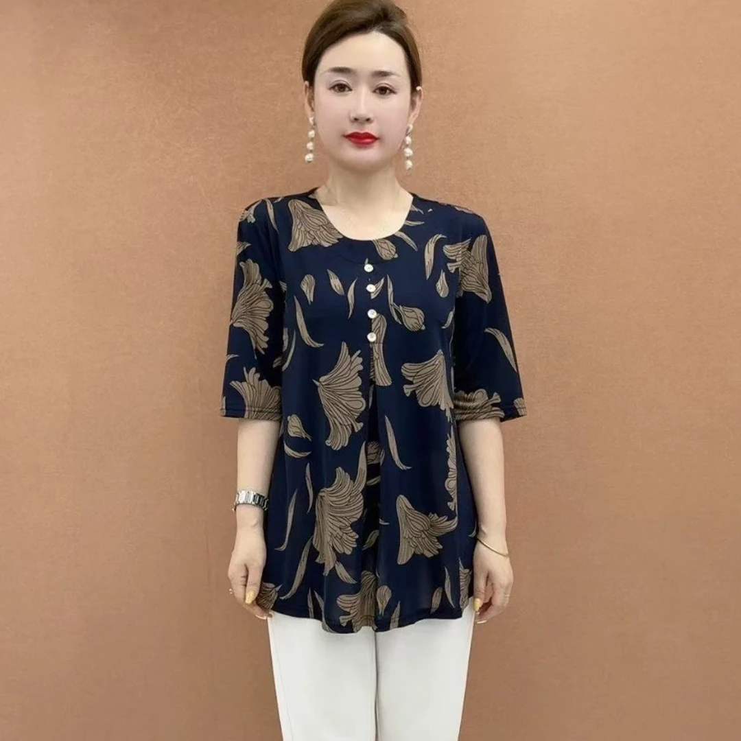 秋季新款妈妈装夏装时尚中袖T恤中老年大码女装宽松加肥加大短袖