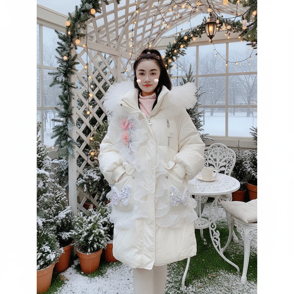 原创设计冬季新款蕾丝花边连帽中长款羽绒服外套女