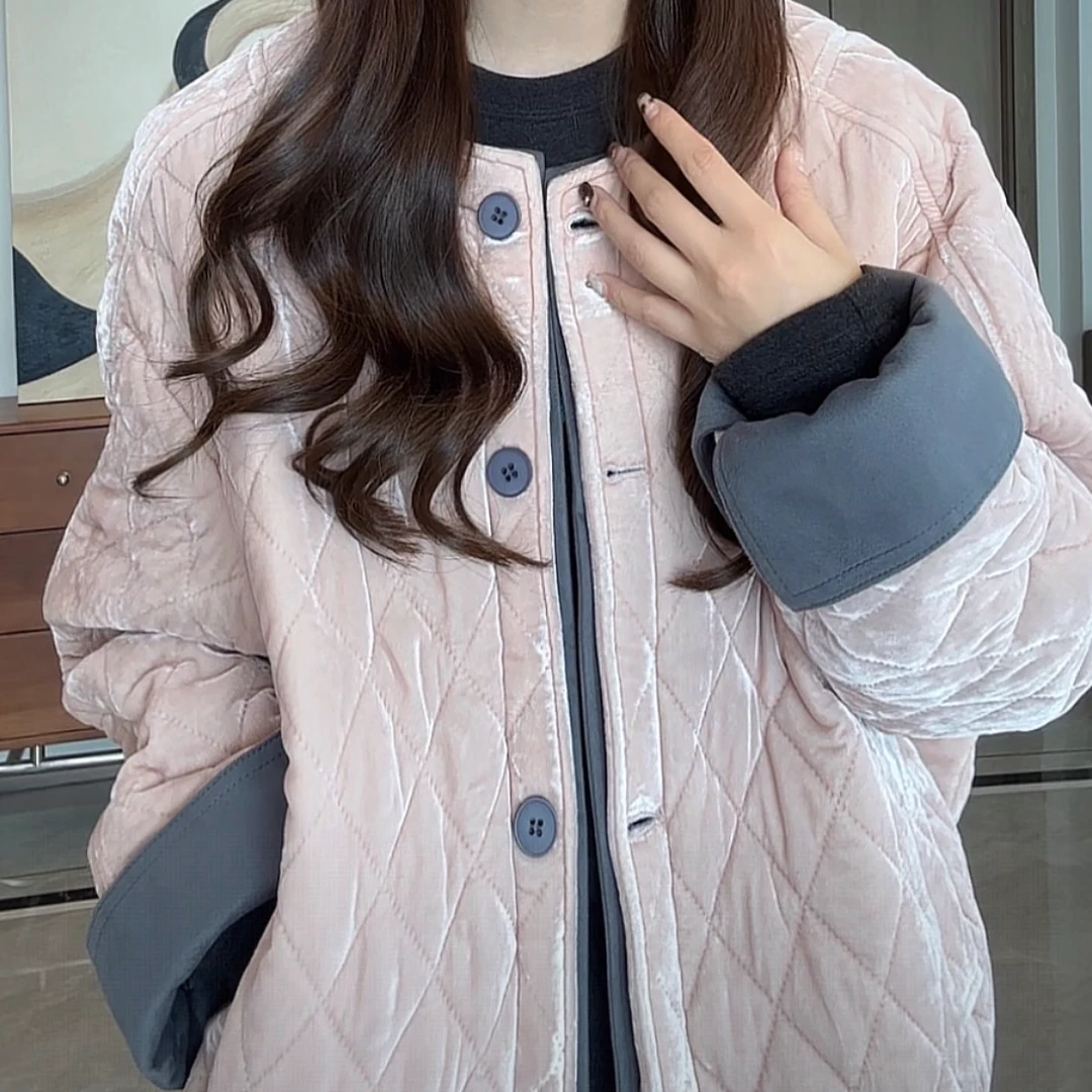 设计感拼色袖口菱形格夹棉外套女秋冬新款宽松加厚保暖圆领棉服