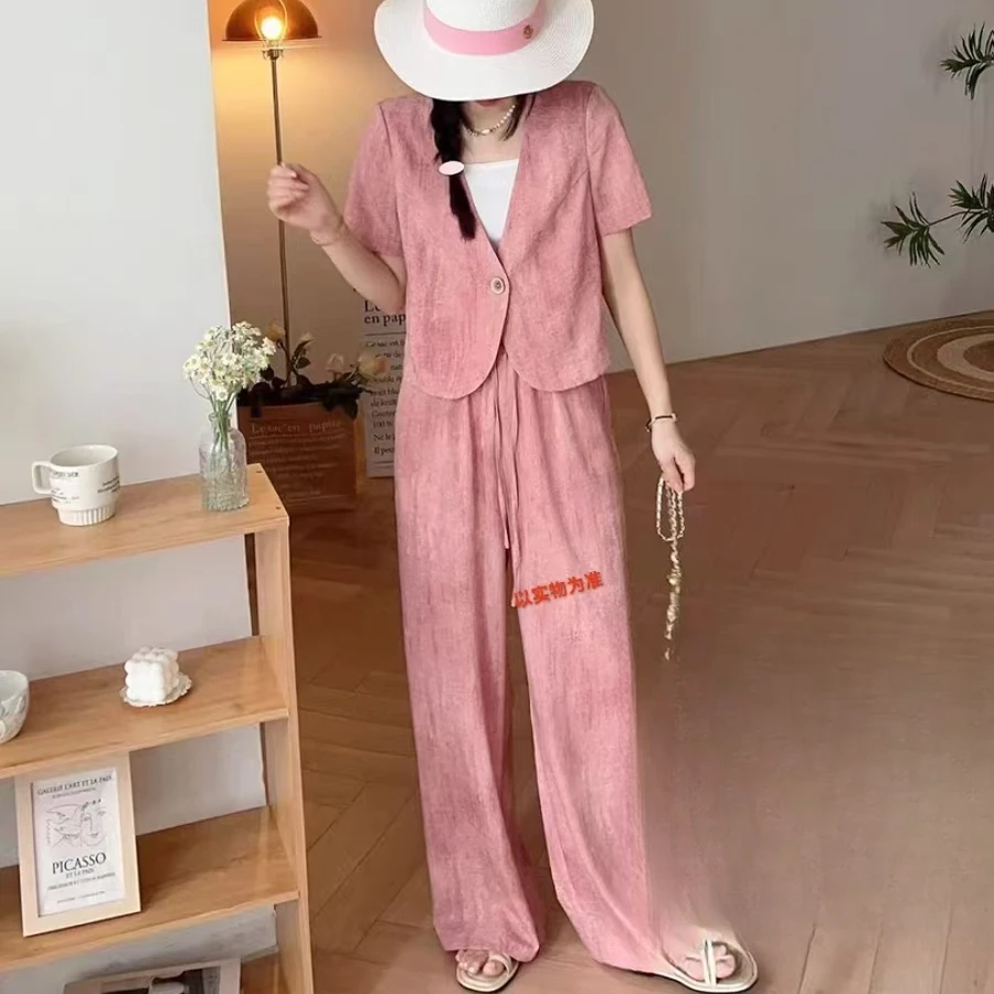 夏季新款时尚气质V领一粒扣开衫+阔腿裤套装24-93