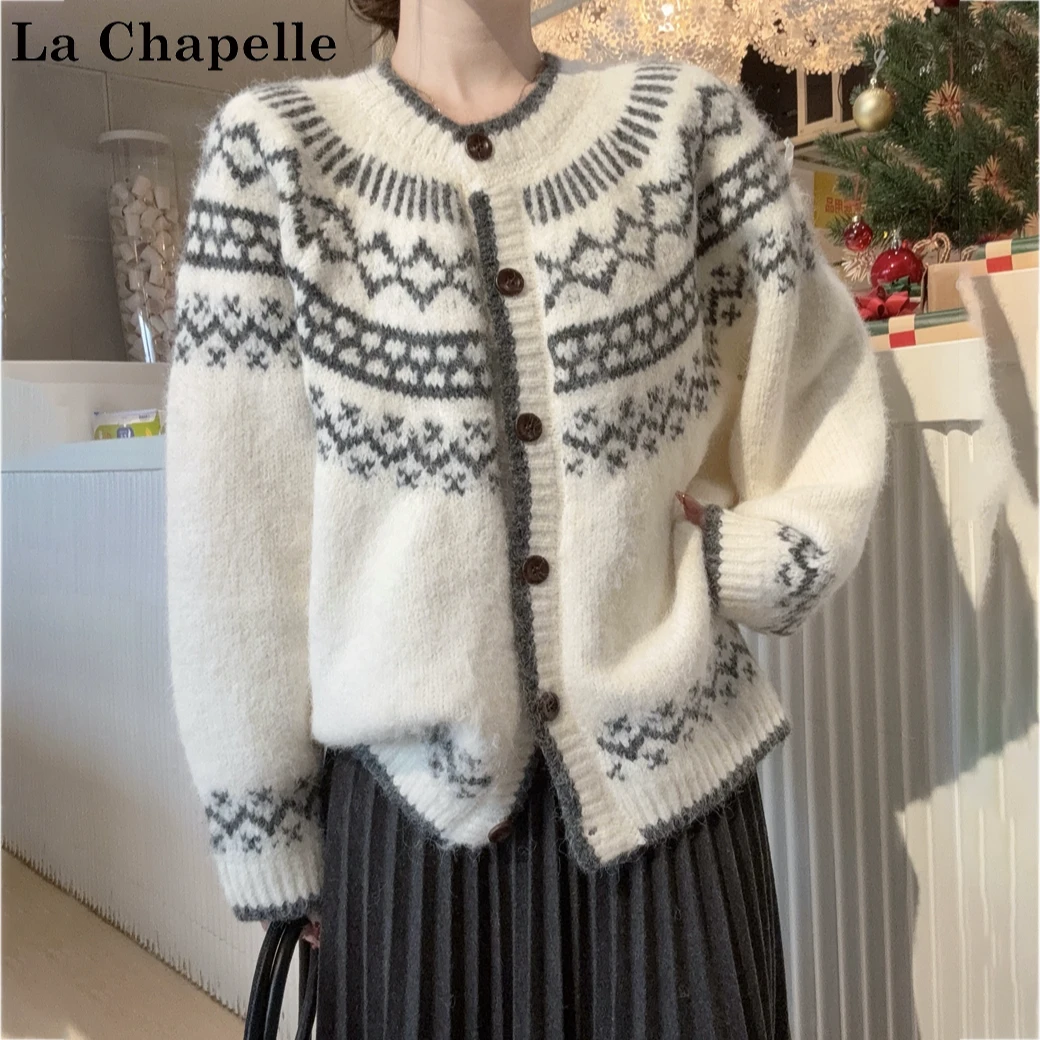 拉夏贝尔复古圆领提花费尔岛毛衣女冬季韩系氛围感针织开衫外套潮