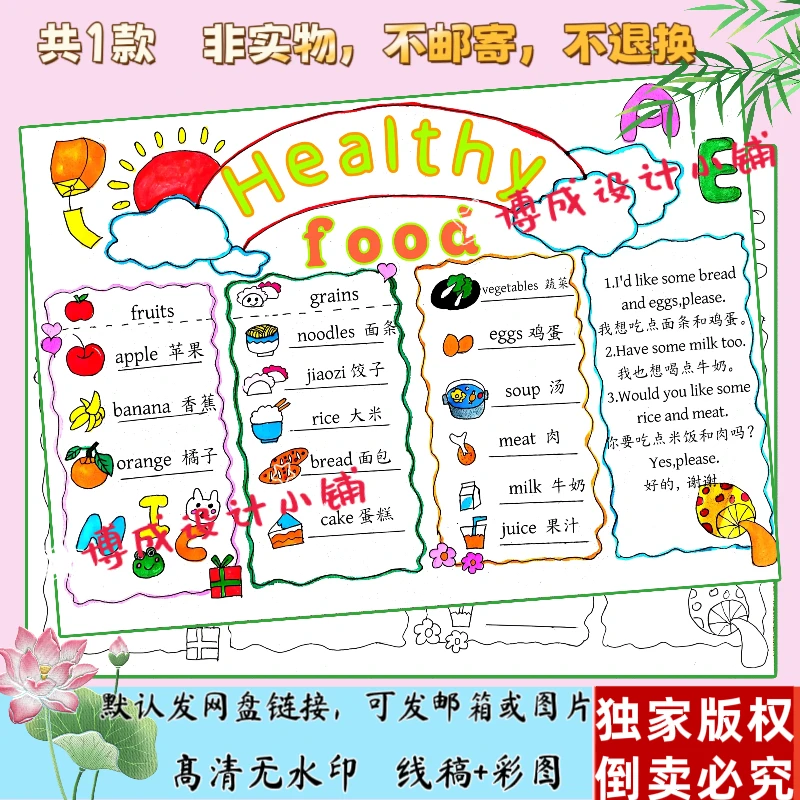 8-32手绘新人教pep版英语三下四单元健康的食物手抄报线稿电子版