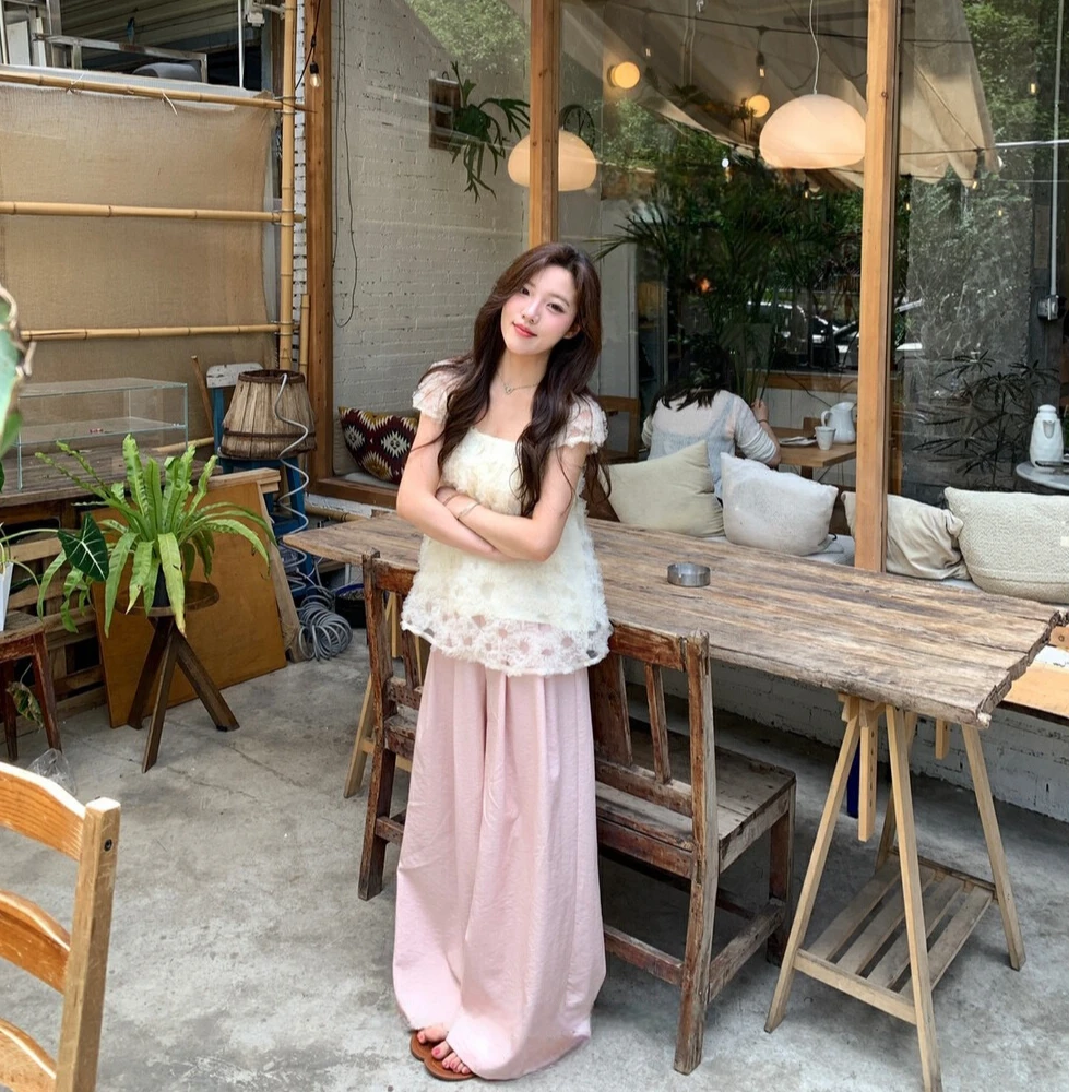 夏季纯色立体花朵网纱上衣小衫短款清新高腰百搭休闲阔腿裤