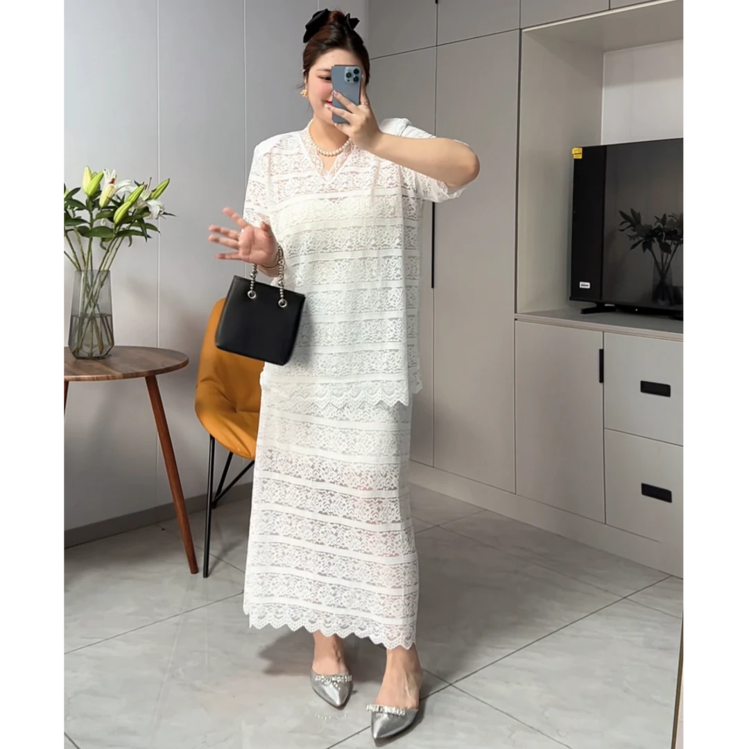 【嘎嘎推荐】法式名媛V领垫肩蕾丝优雅气质高级上衣半身裙两件套