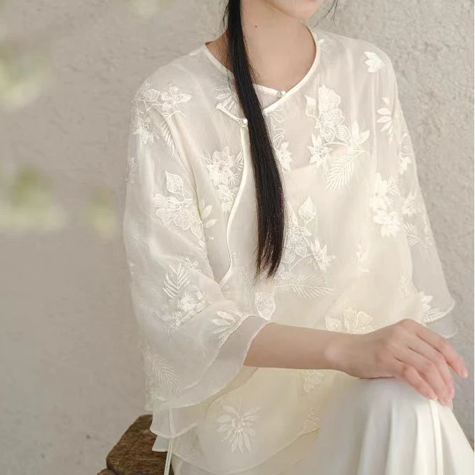 宽松斜襟时尚套装气质夏季唐装衬衫连衣裙仙气女装茶服绣花