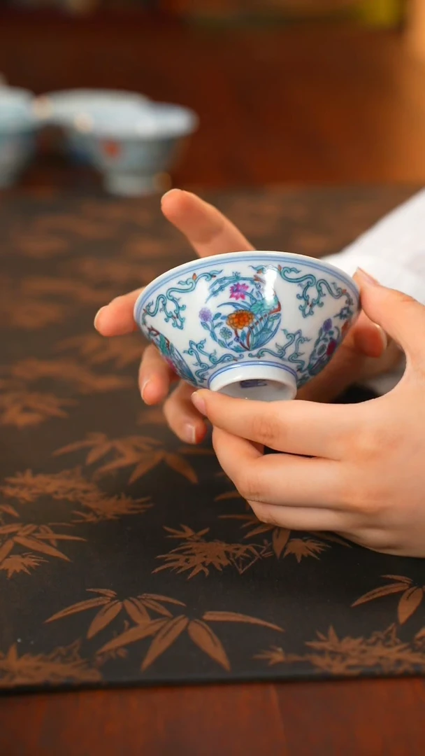 铖瓷窑柴窑斗彩团花斗笠杯
