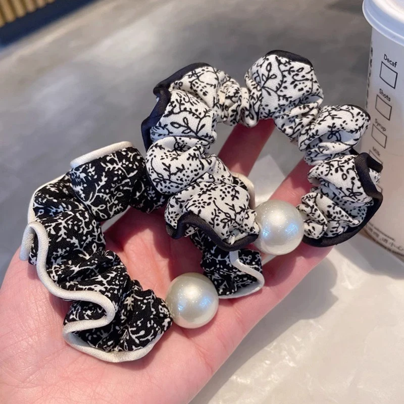 2025新款碎花珍珠小肠发圈女百搭简约马尾发绳扎丸子头绳时尚发饰