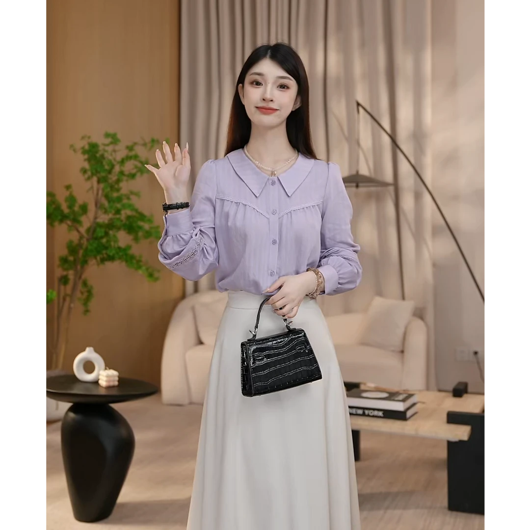 曼贝长袖衬衫袖时尚女装职业衬衫常规小众女8493072A丁香紫【珮珮】