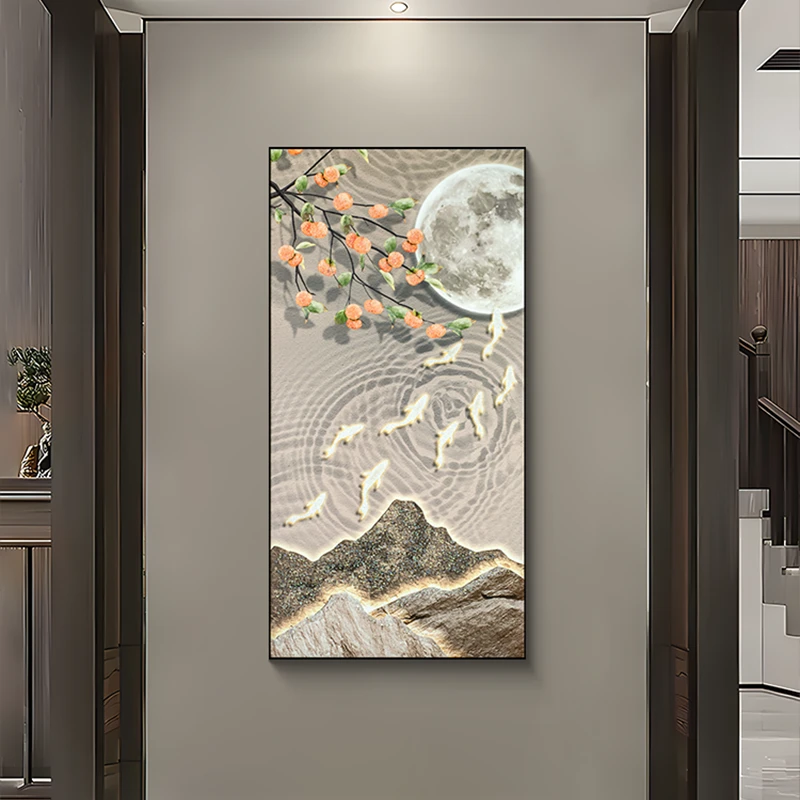 新中式玄关手工镶钻装饰画走廊过道入户壁画九鱼聚财图挂画80160