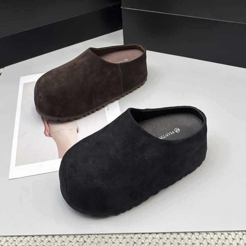 6091-7包头半拖鞋女2025新款真皮大头厚底拖鞋内增高外穿勃肯鞋