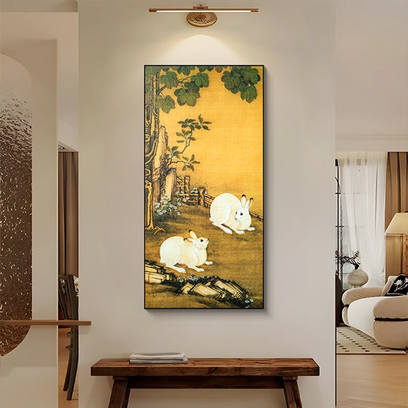 中古风中式砂岩装饰画客厅玄关茶室挂画背景墙壁画古画兔子60120