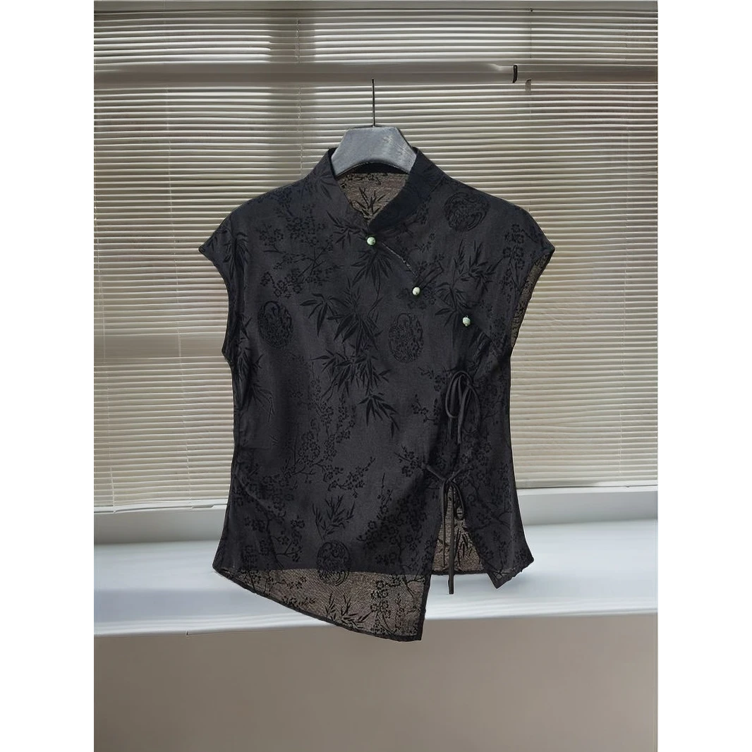 美貌色系！太好看了！新中式国风衬衣女黑色提花无袖衬衫复古小衫