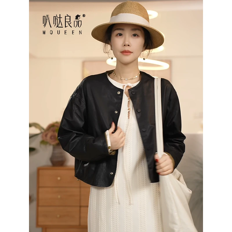 【叭哒不惑】小满  绵羊皮短款圆领两面穿皮衣外套女高级感百搭上衣