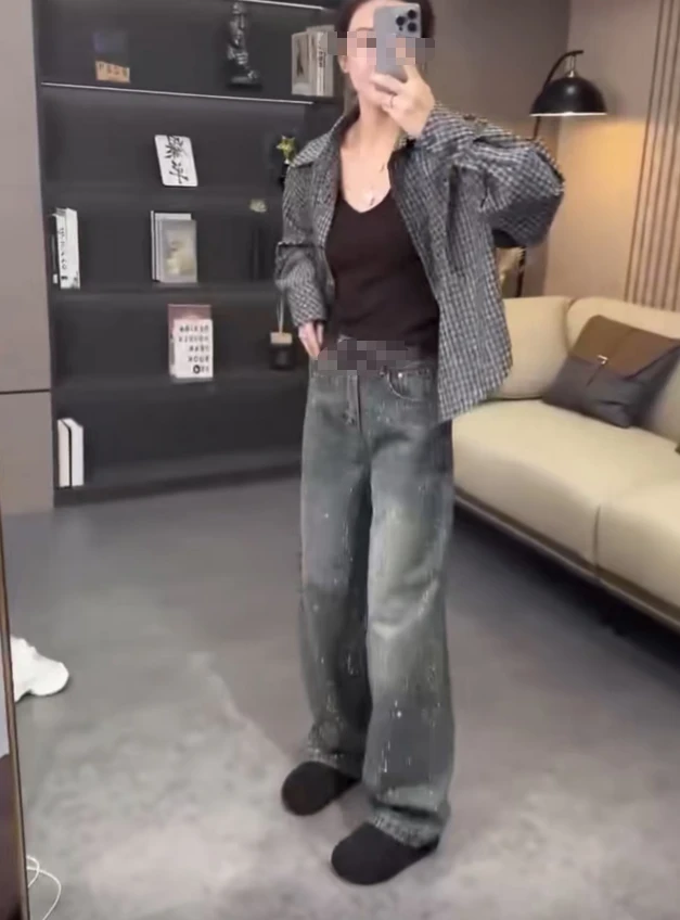 盛雅姿美式巴黎复古满天星拼接中腰牛仔裤(裤长109左右)90285