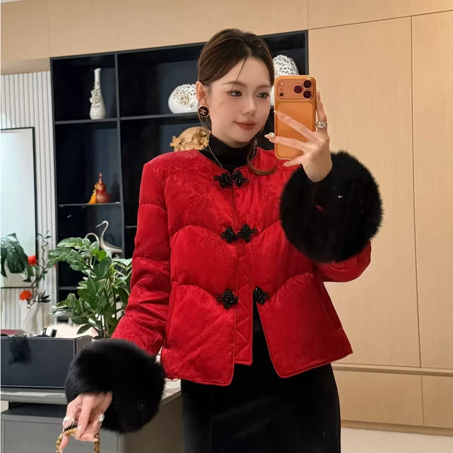 【90白鸭绒】新中式百搭国风新款羽绒服90白鸭绒轻奢时尚狐狸毛袖