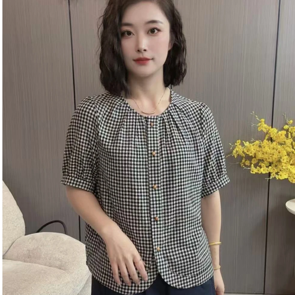 【海片】988女士休闲时尚夏款短袖圆领衬衫百搭显瘦衬衣