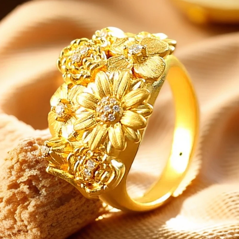足银戒指 足银戒指金色繁花锦簇时尚女神节礼物