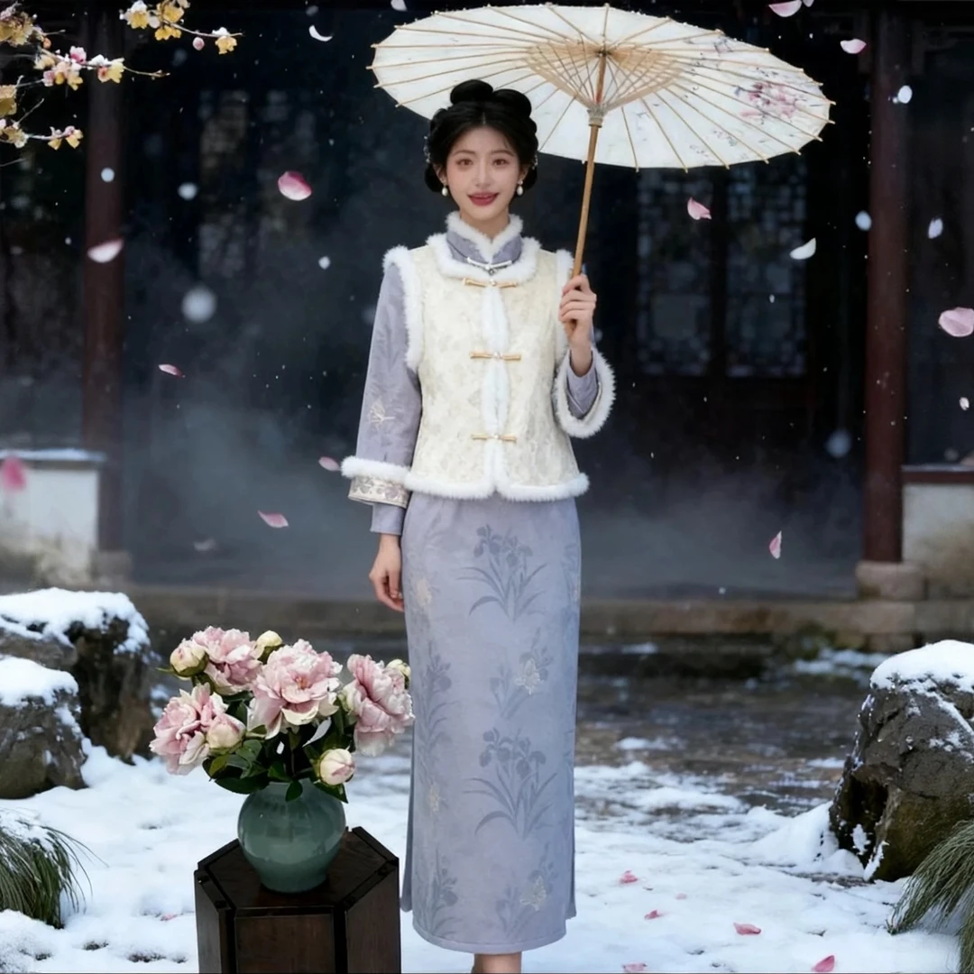 苏故里【嫣然一笑】冬款文艺气质修身高端日常旗袍奢华气质衣长120