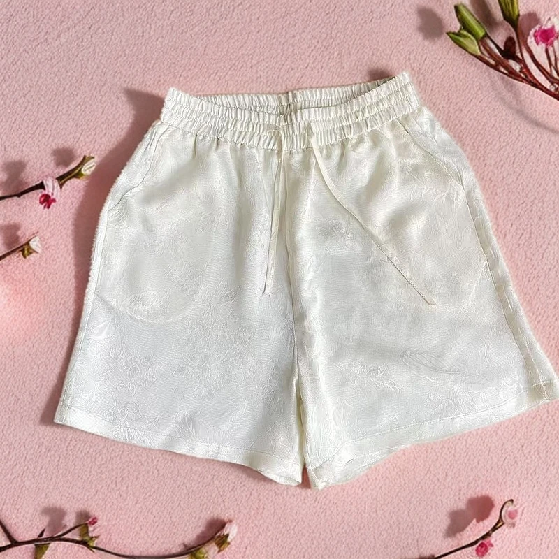 红云纱人丝雕花夏季短裤A版休闲宽松裤子松紧腰高腰女装213-2