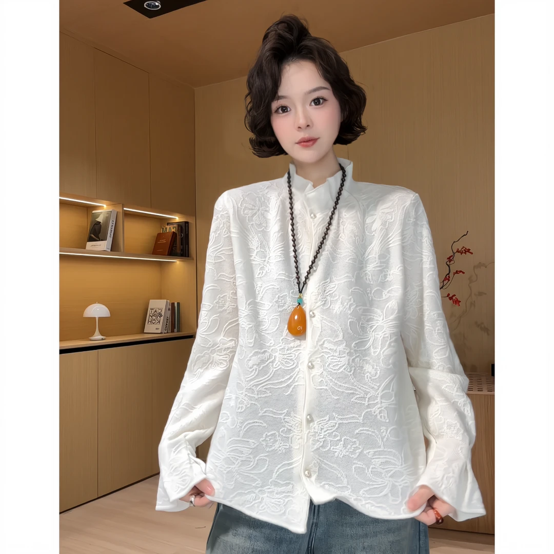 欧尼私服【提花刺绣小衫】2025冬款捏褶半高领百搭衬衫 2512C8805