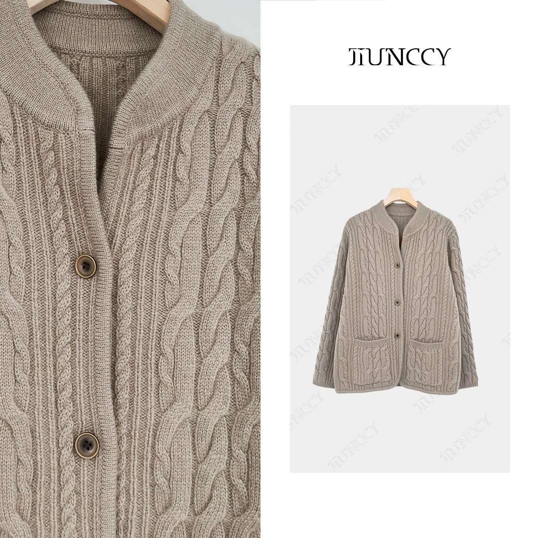 JIUNCCY【松芝】100绵羊毛重工绞花中式小立领开衫毛衣外套 42ZZ186