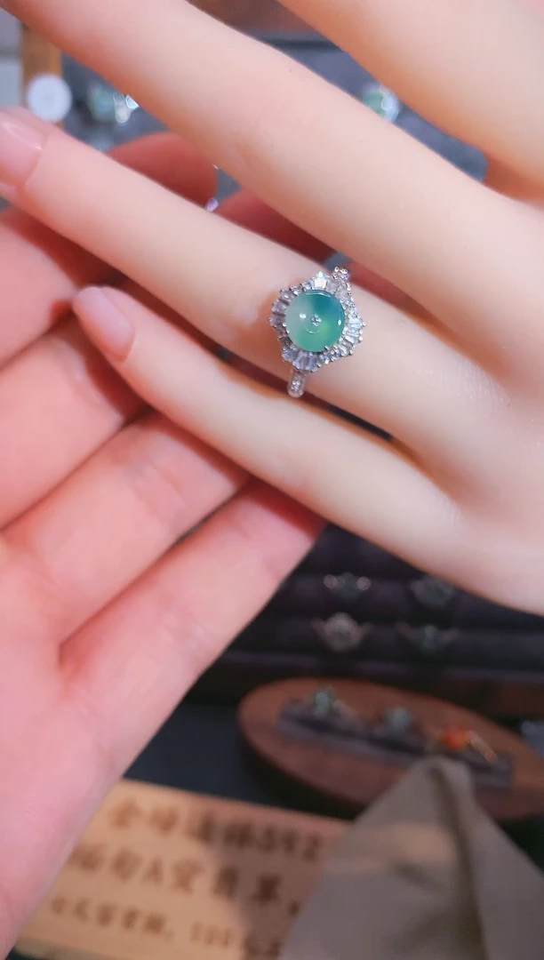 银S925镶嵌戒指翡翠S925银镶翡翠平安扣女饰品