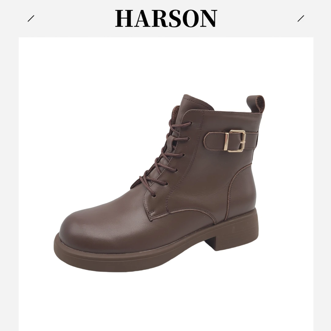 Harson/哈森马丁靴短筒系带女皮带扣厚款女靴靴子平底棕色230120