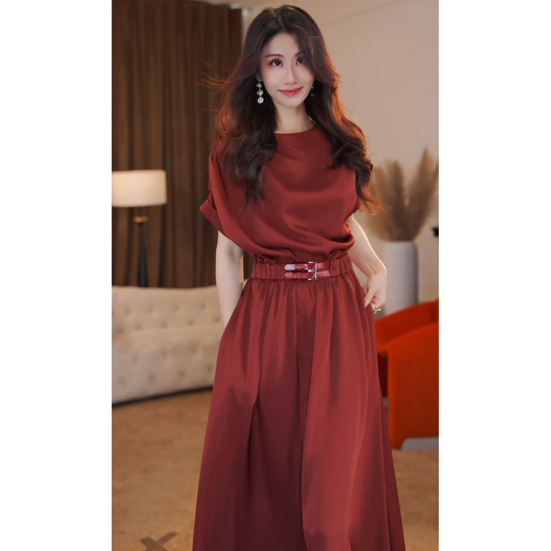 【可可专属】梅尔诺红 夏季法式复古轻奢气质感时尚连衣裙-HZ805