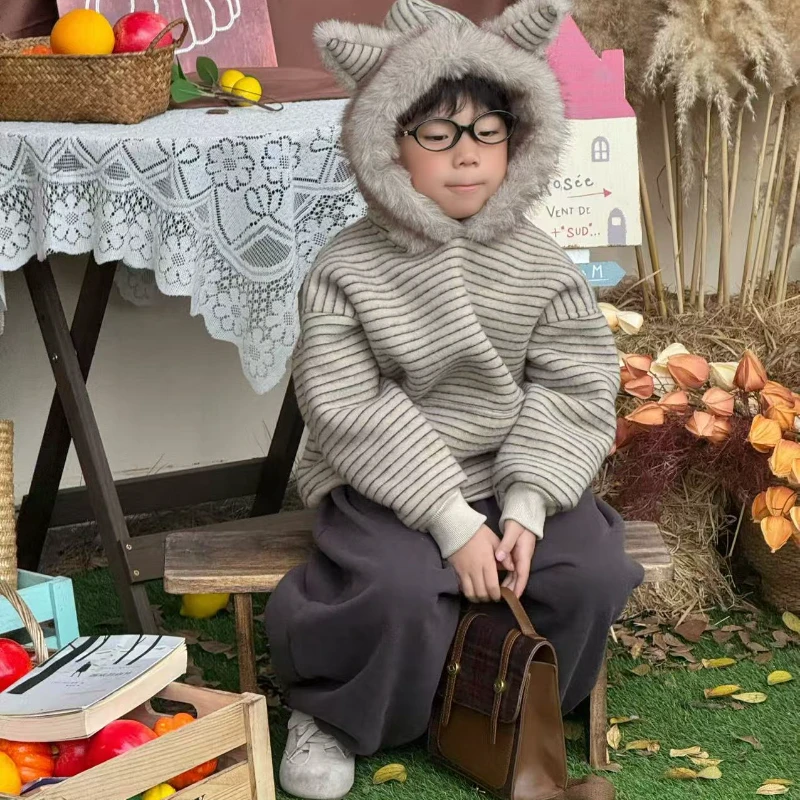 keykey|男童加棉加厚新款条纹连帽卫衣慵懒开衫