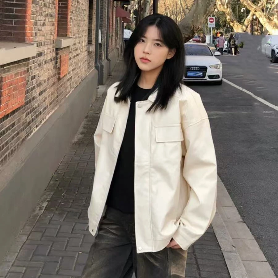 美式米白色正肩机车皮衣高街情侣装皮衣