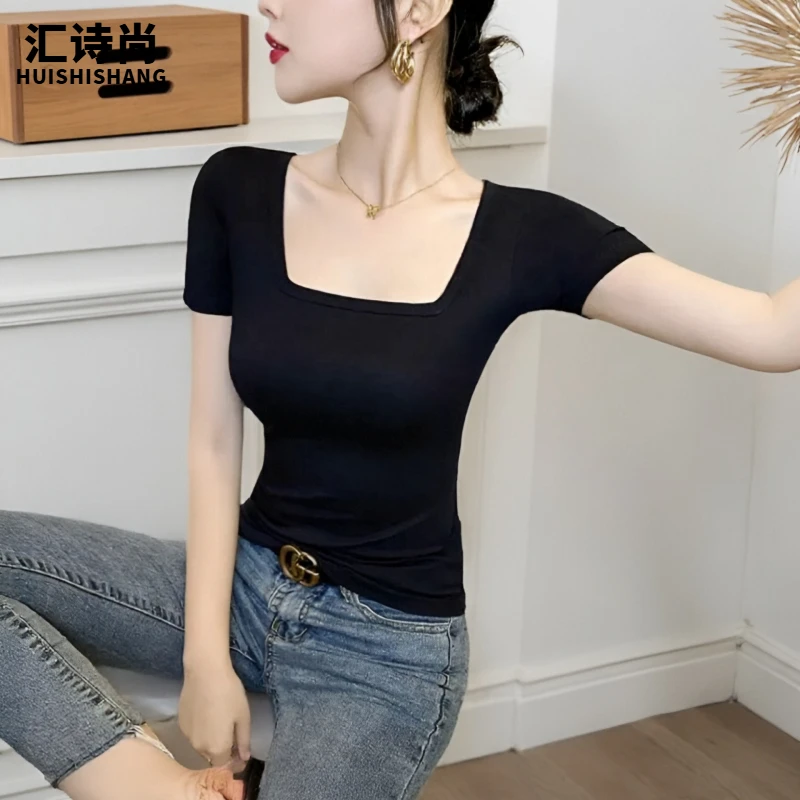 法式方领黑色短袖T恤夏设计洋气半袖纯棉时尚百搭东大门韩系穿搭