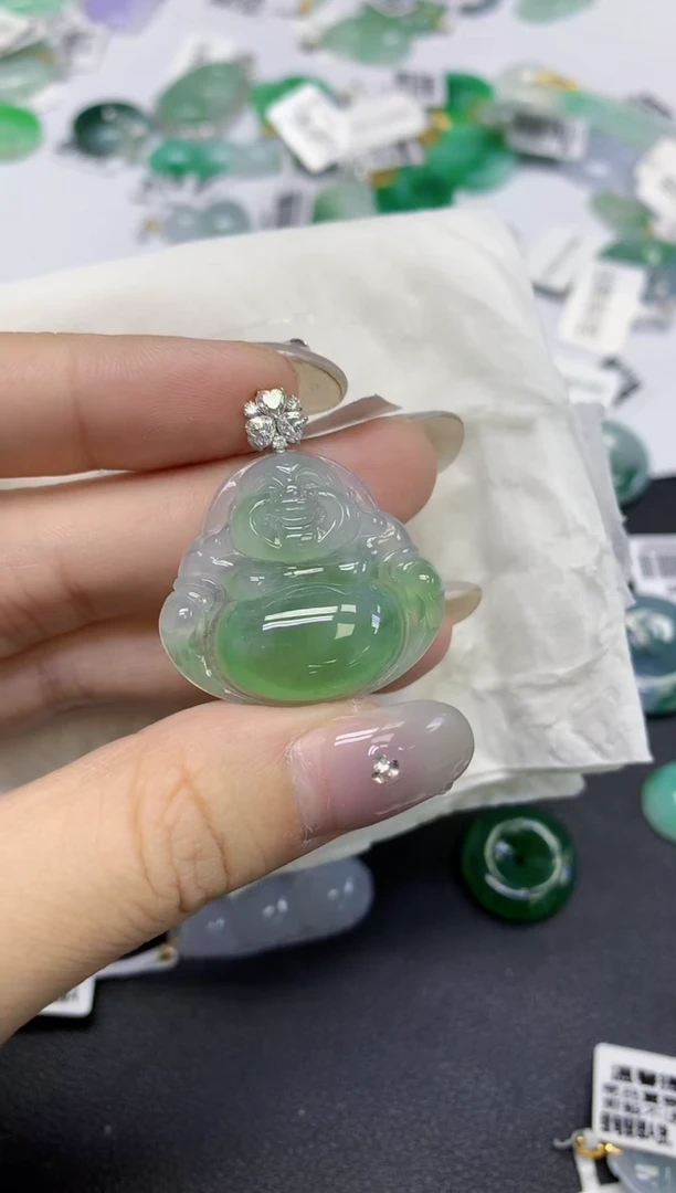 颈饰18K金镶嵌翡翠天然缅甸翡翠A货百元以上9元证书费自理