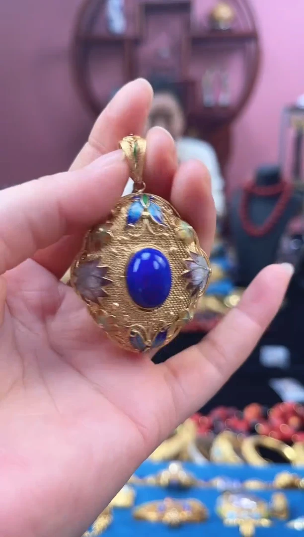 非遗 花丝镶嵌吊坠 青色 镀金