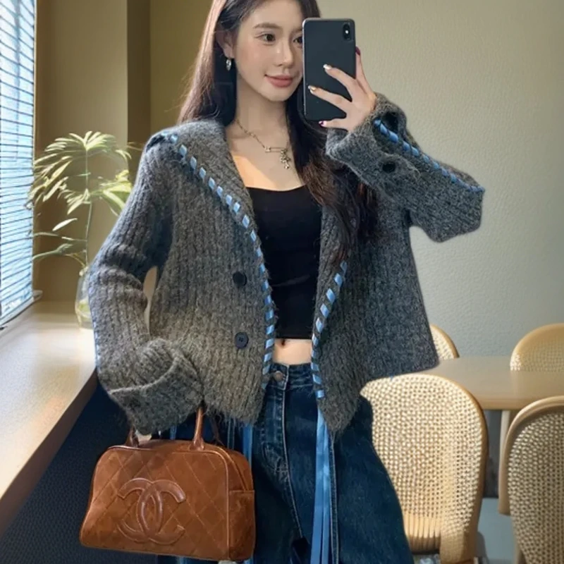 秋季毛衣外套女法式复古软糯慵懒风宽松针织衫别致绝美灰色海军领