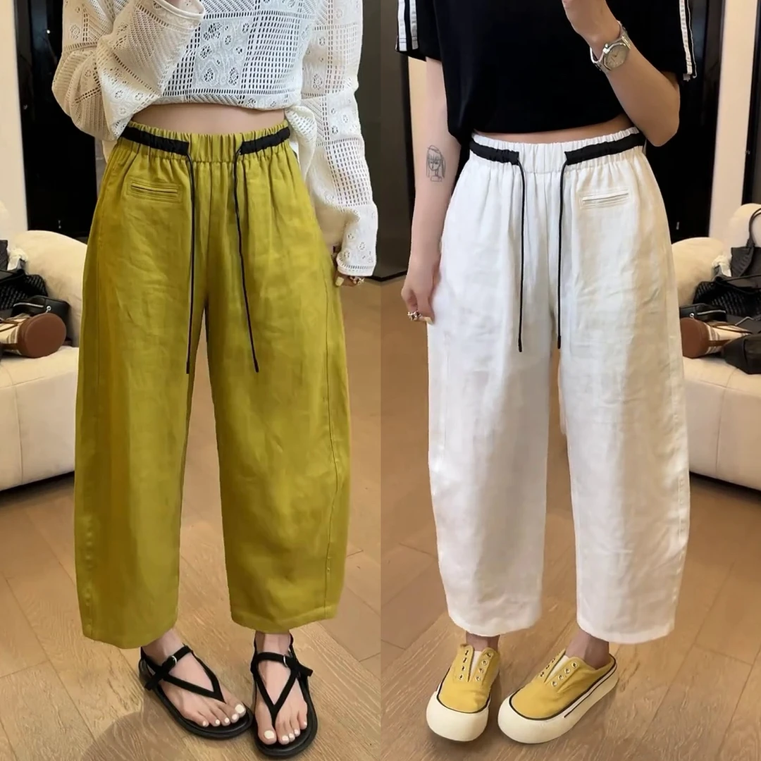 2025夏季薄款百搭撞色抽绳九分阔腿裤梨型身材显瘦高腰垂感休闲裤