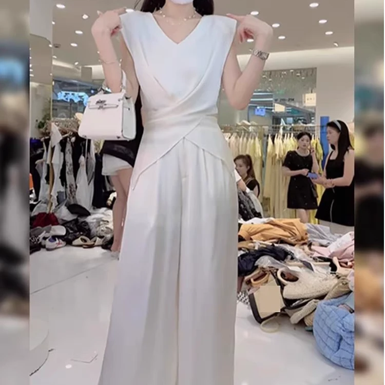 韩系高级感时尚套装女夏季新款气质交叉系衬衫休闲长裤两件套0983