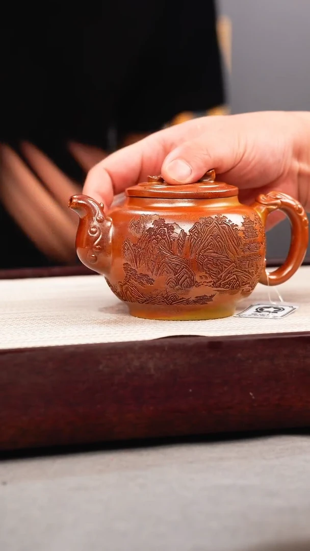 茶壶紫砂火云烧 如意鼓壶 刻绘