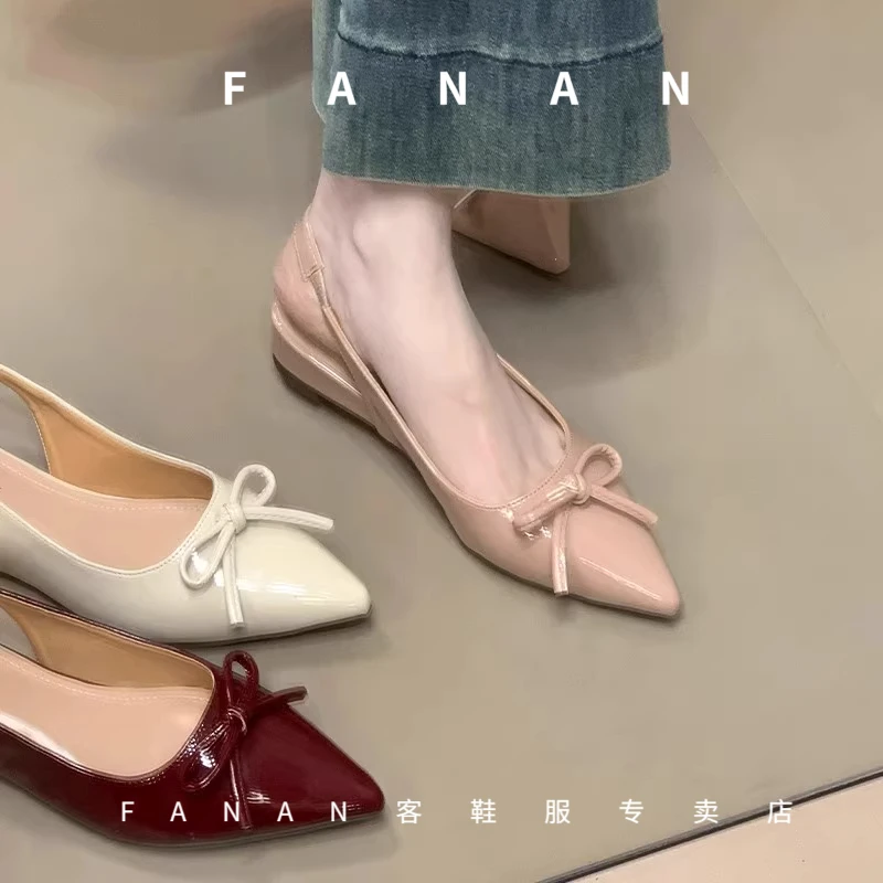 时尚绝美包头凉鞋女2025低跟新款蝴蝶结后空单鞋配裙子中跟晚晚鞋