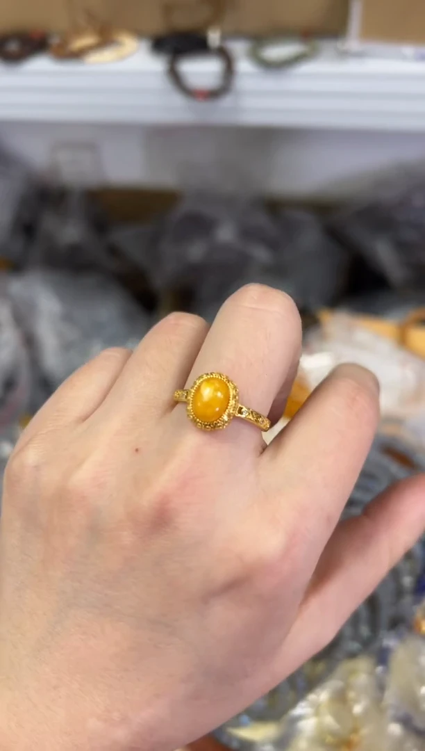 【闪购商品】蜜蜡戒指银S925镶嵌蜜蜡手工拉丝银戒指[3280]